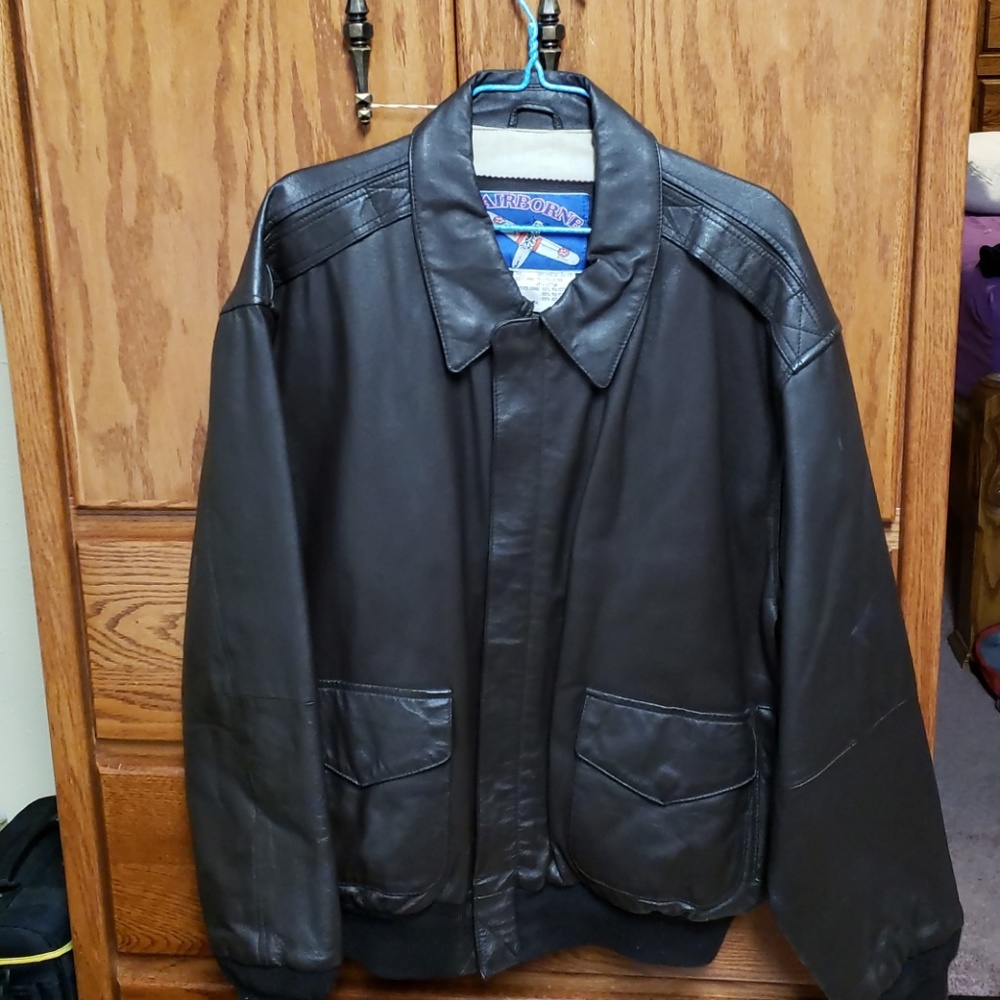 Brown leather bomber jacket
